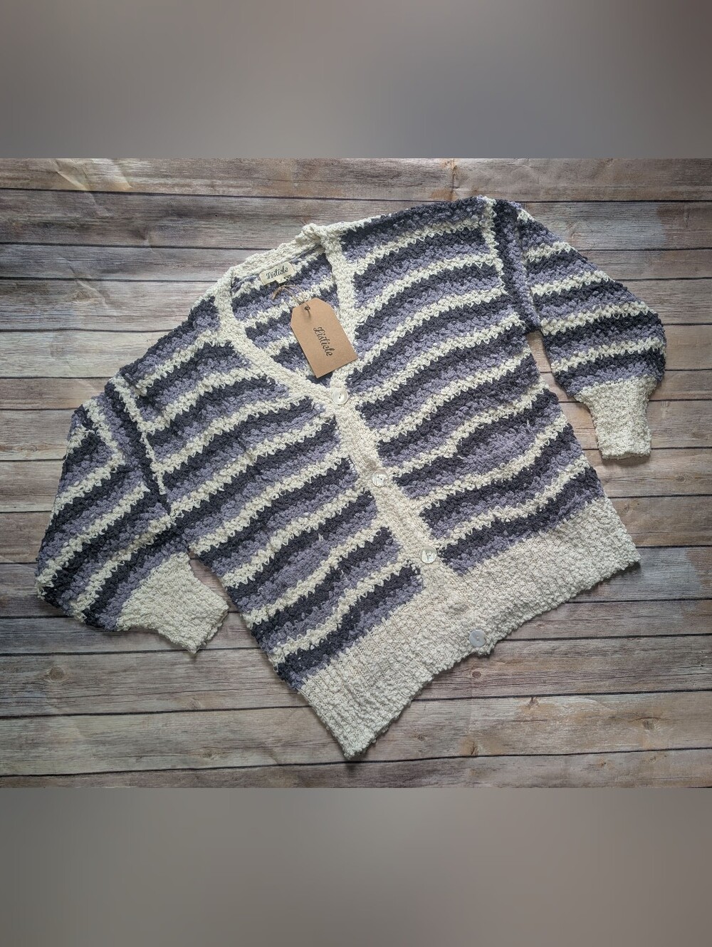 Striped Cream & Gray Women’s Button Cardigan Sweater